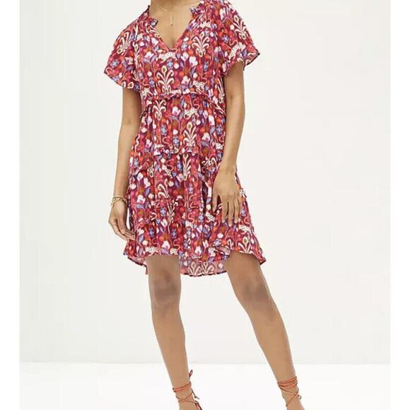 ANTHROPOLOGIE Robin Tiered Mini Dress Red Pink‎ Purple Ruffle VNeck Geo Sz L - Picture 11 of 11